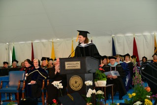 Colleen Carroll Campbell speaking at Immaculata University graduation in 2015 (photo by Jack Hardway)